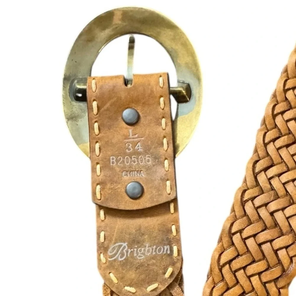 Vtg Brighton Womens Braided Leather Belt L/34 Brown Brass Buckle‎ Boho Western